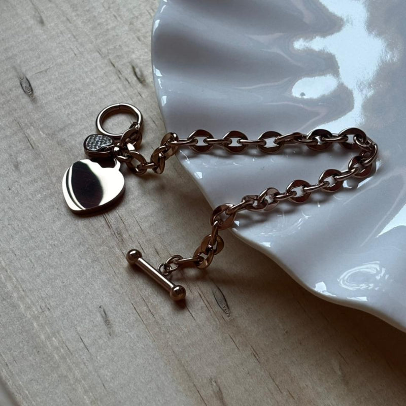 Pulsera Acero Inoxidable 304 Chapada en Oro Rosado 18K con Corazón