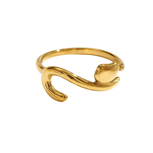 Anillo Ajustable de Acero Inoxidable Chapado en Oro 18K con Diseño de Gatito