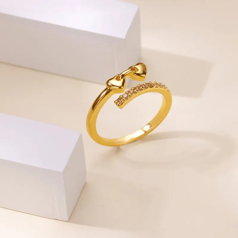 Anillo Ajustable de Acero Inoxidable Chapado en Oro 18K con Doble Corazón