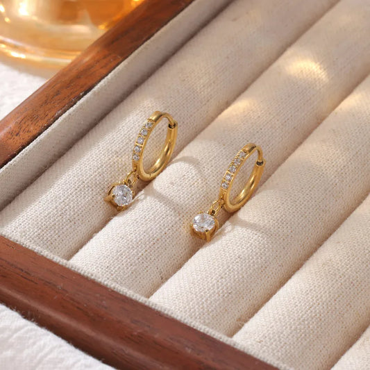 Aro Argolla Acero Inoxidable 304 Chapado en Oro 18K con Circonitas y Piedra Colgante