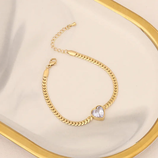 Pulsera Acero Inoxidable 304 Chapada en Oro 18K con Corazón de Circonita