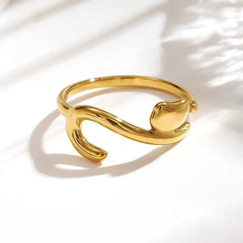 Anillo Ajustable de Acero Inoxidable Chapado en Oro 18K con Diseño de Gatito