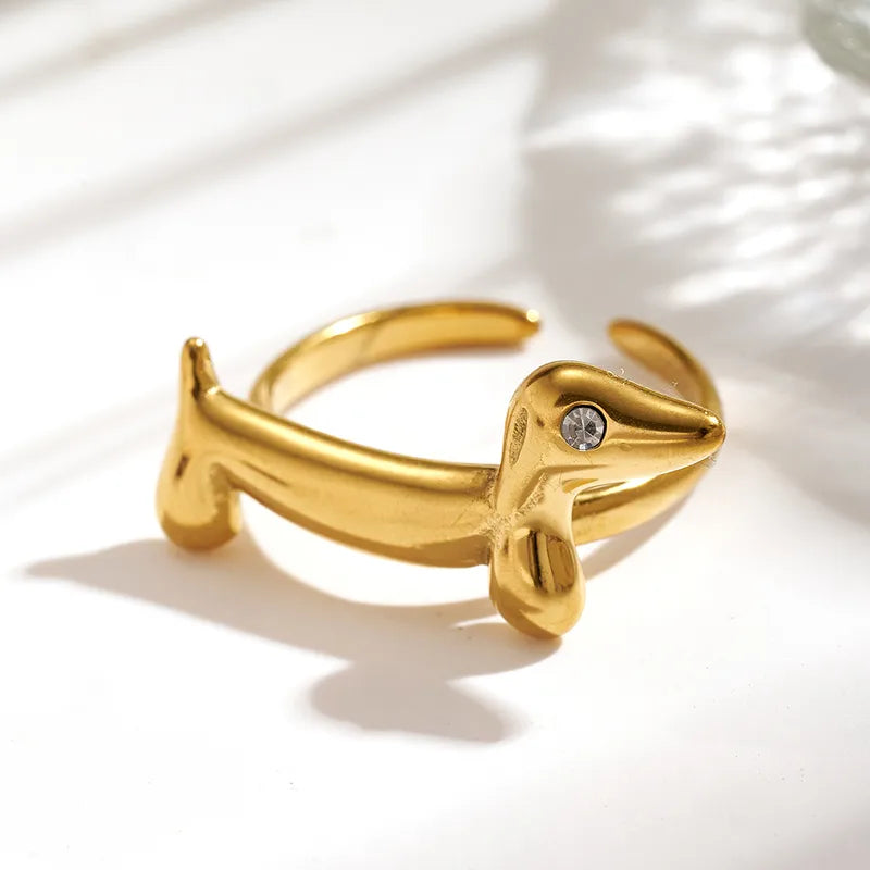 Anillo Ajustable de Acero Inoxidable Chapado en Oro 18K con Diseño de Perrito