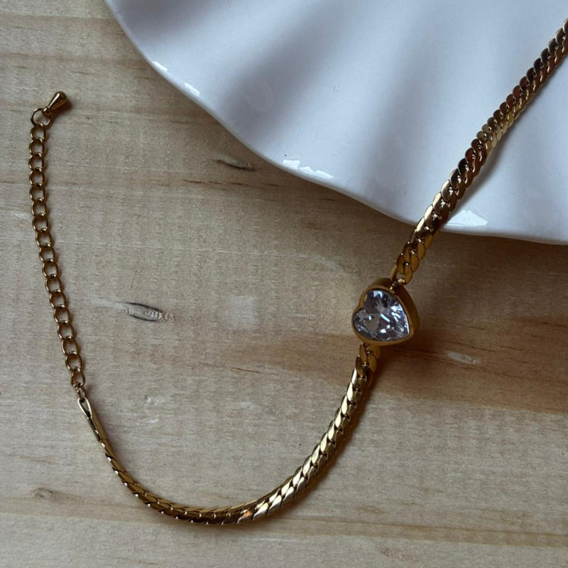 Pulsera Acero Inoxidable 304 Chapada en Oro 18K con Corazón de Circonita