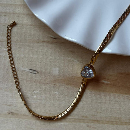 Pulsera Acero Inoxidable 304 Chapada en Oro 18K con Corazón de Circonita