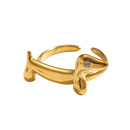 Anillo Ajustable de Acero Inoxidable Chapado en Oro 18K con Diseño de Perrito
