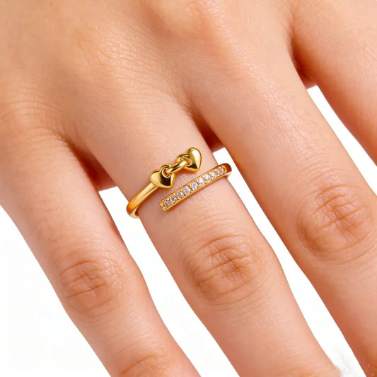 Anillo Ajustable de Acero Inoxidable Chapado en Oro 18K con Doble Corazón