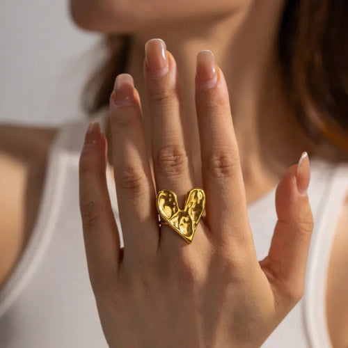 Anillo Acero Inoxidable 304 Chapado en Oro 18K Corazón Grande