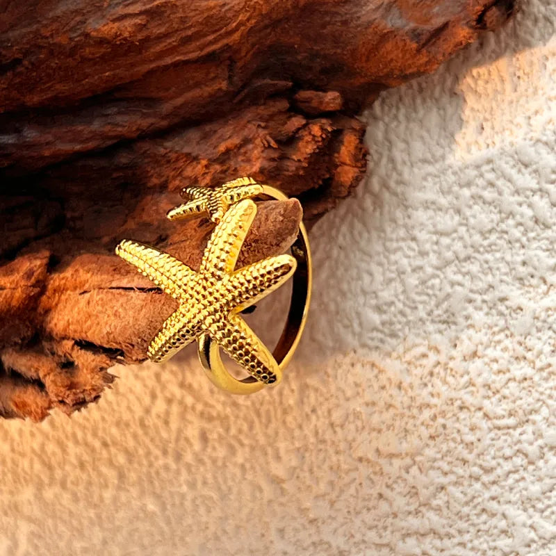 Anillo Acero Inoxidable 304 Chapado en Oro 18K con Estrella de Mar