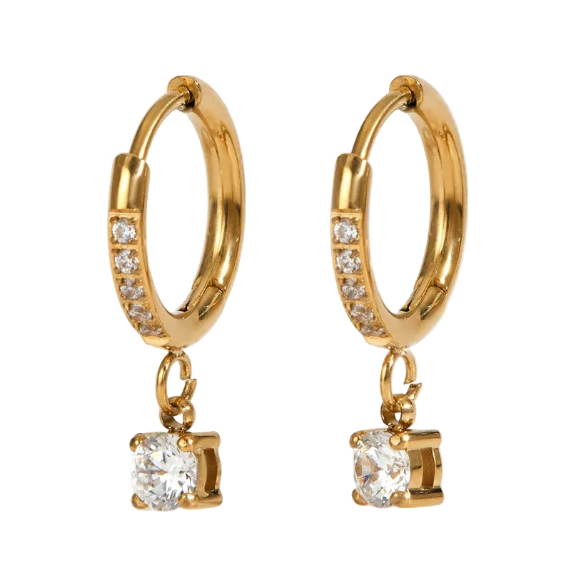 Aro Argolla Acero Inoxidable 304 Chapado en Oro 18K con Circonitas y Piedra Colgante