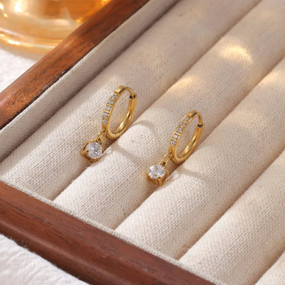 Aro Argolla Acero Inoxidable 304 Chapado en Oro 18K con Circonitas y Piedra Colgante