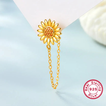 Aro Girasol Plata 925 Chapado en Oro 18K con Cadenita Dorada