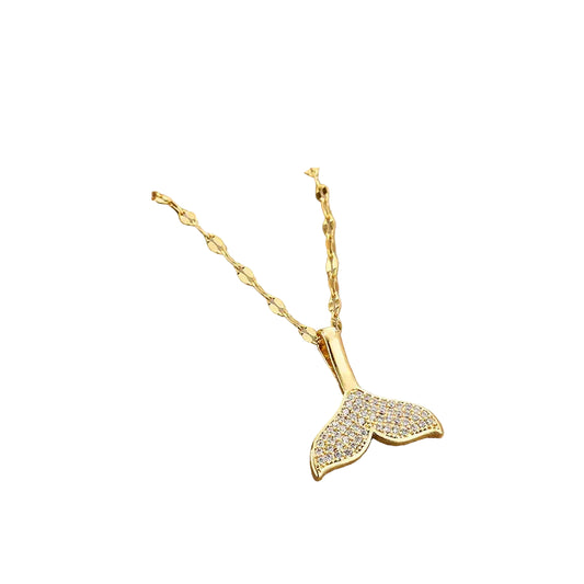 Collar Acero Inoxidable Chapado en Oro 18K con Dije Cola de Ballena y Circonitas