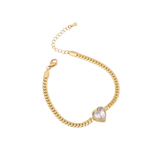 Pulsera Acero Inoxidable 304 Chapada en Oro 18K con Corazón de Circonita